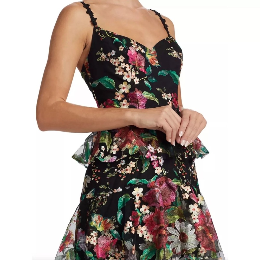 Marchesa Notte Tiered Floral-Embroidered Dress Black - Picture 2 of 6